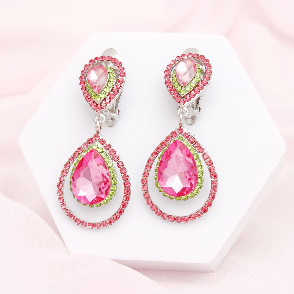 AKA Sorority Teardrop Clip On Pink Green Earrings