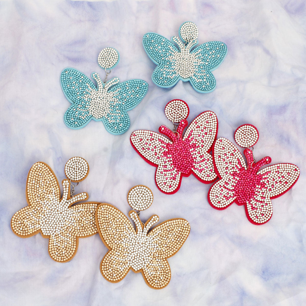 Drop Fuchsia Butterfly Rhinestone Fabric Earrings