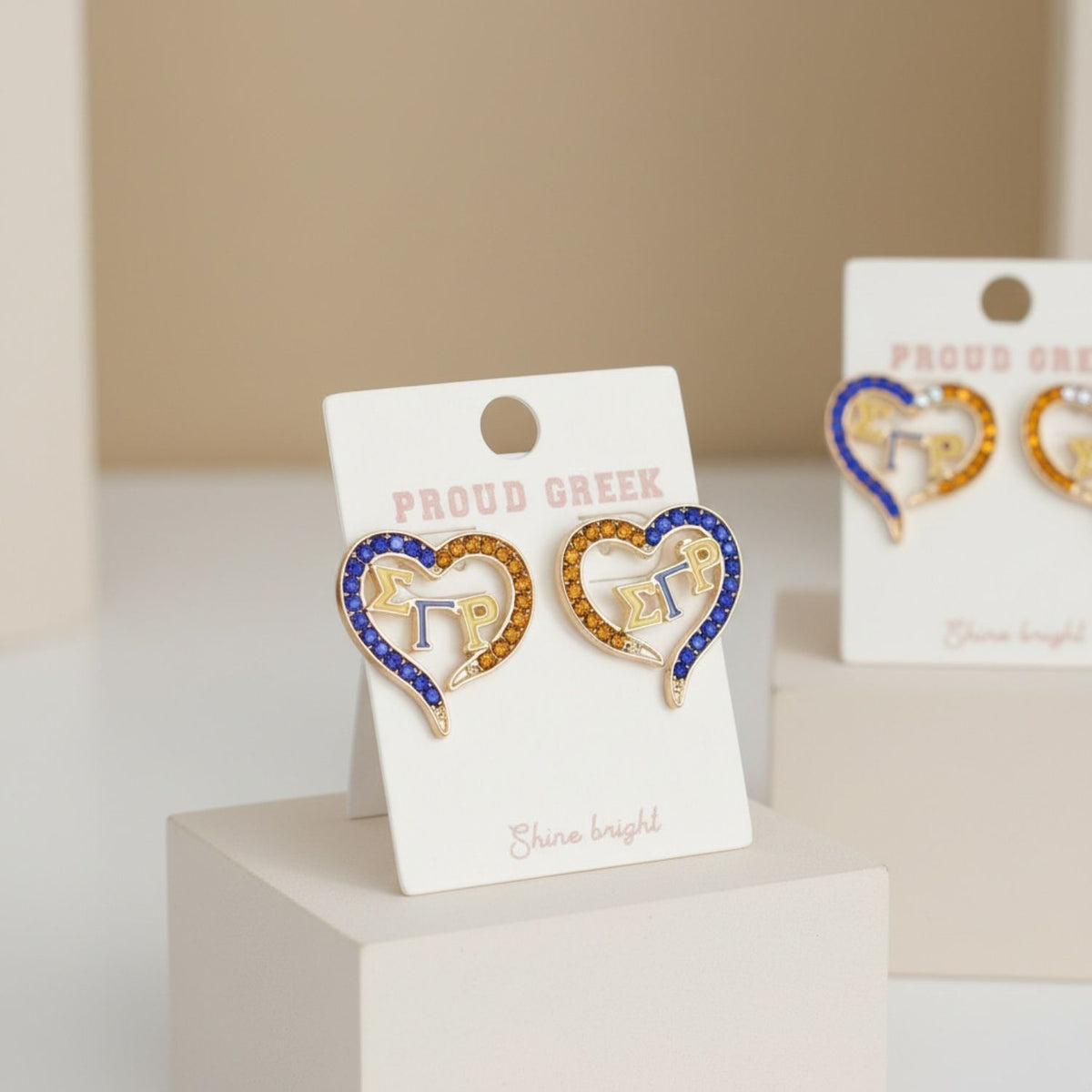 SGRHO Sorority Heart Blue Gold Bling Stud Earrings