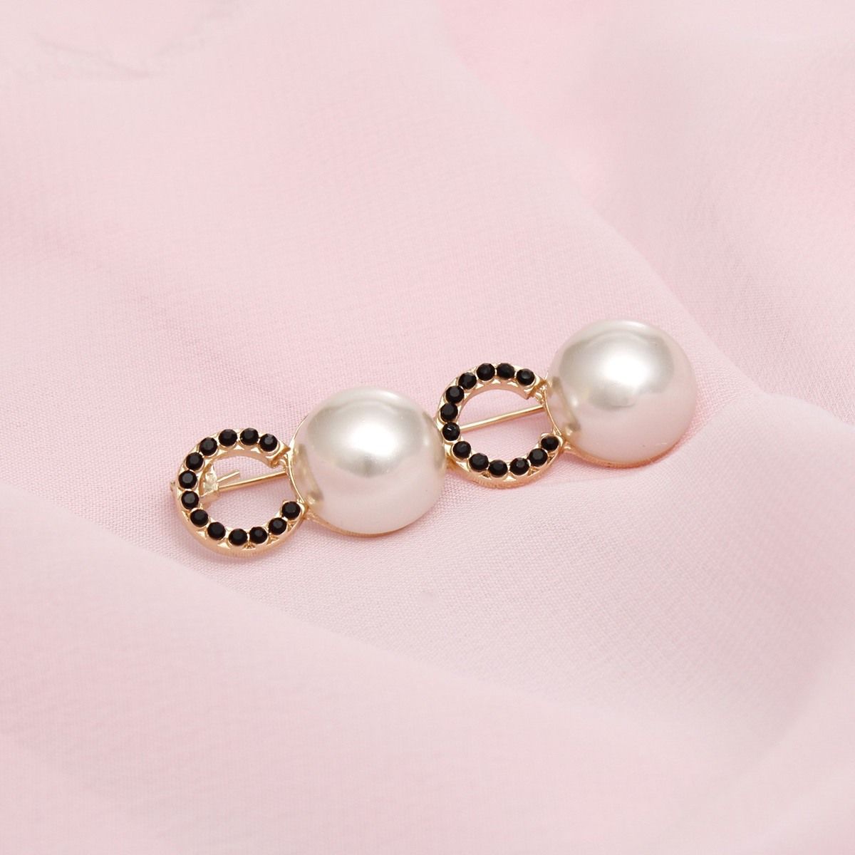 Brooch Iconic Gold Black Pave and Pearl Coco Pin