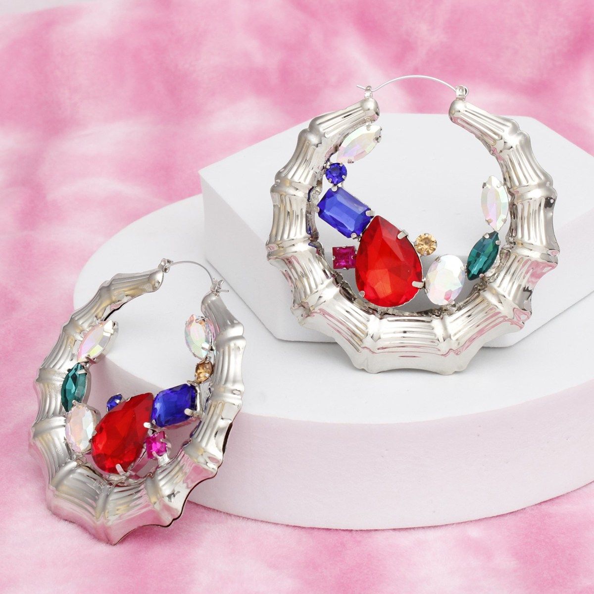 Hoops Silver Bamboo Radiant Crystal Earrings