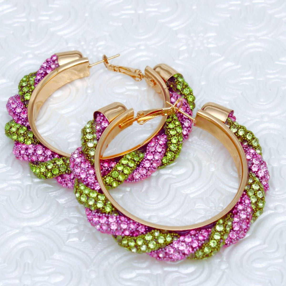 AKA Vibrant Pink Green Twisted Tube Hoop Earrings