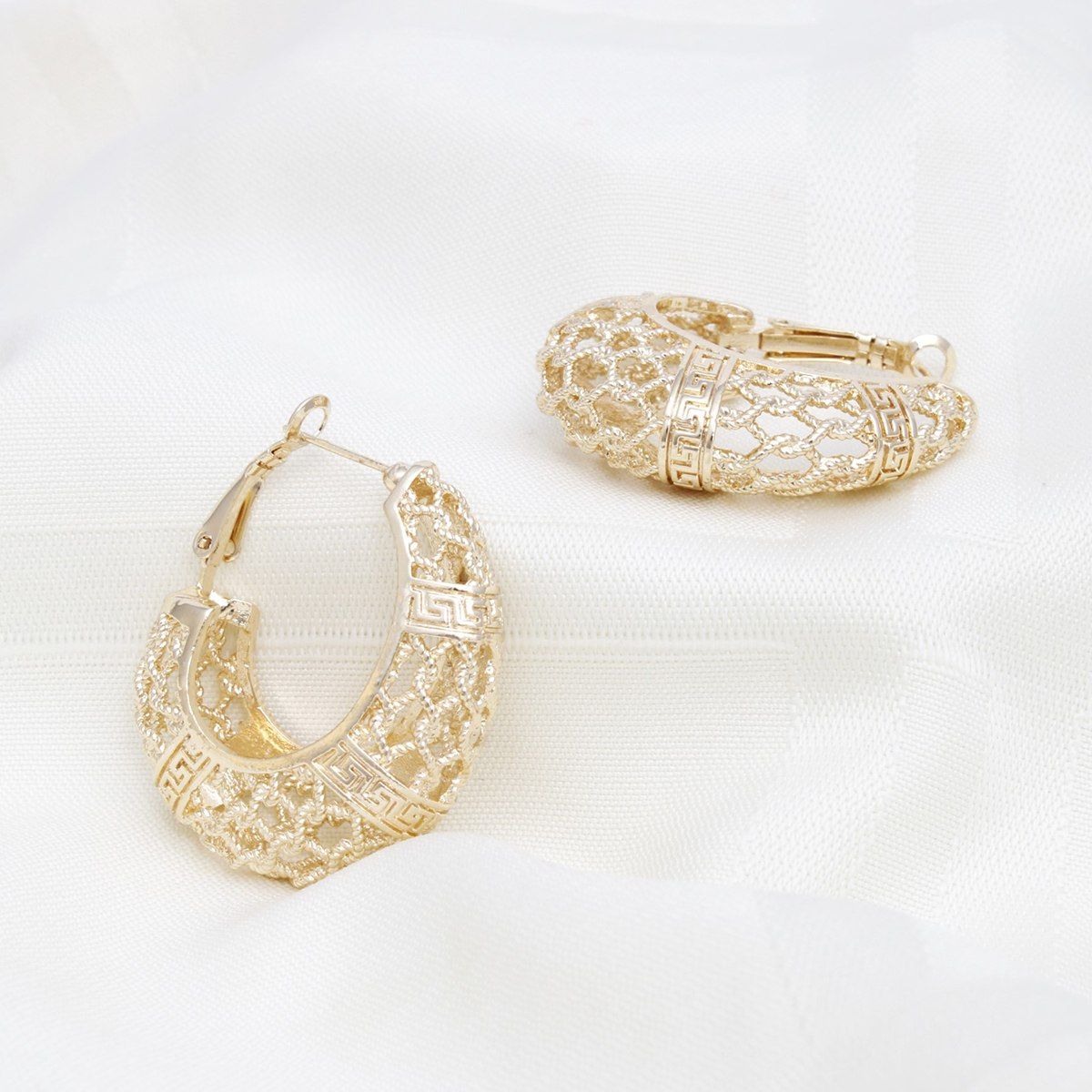 Hoop Gold Brass Oval Woven Net Greek Key Earrings