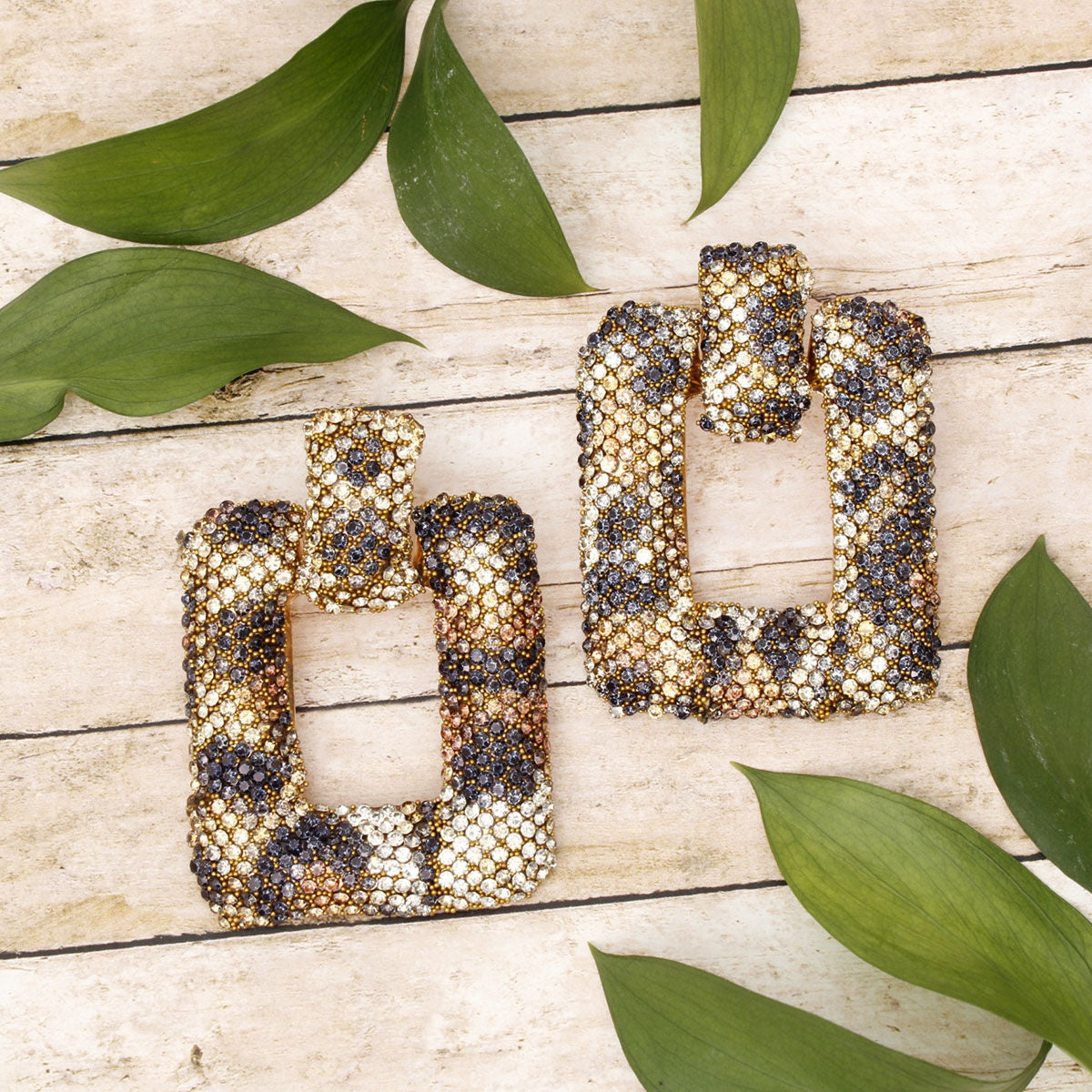 Stud Leopard Pave Rhinestone Door Knocker Earrings