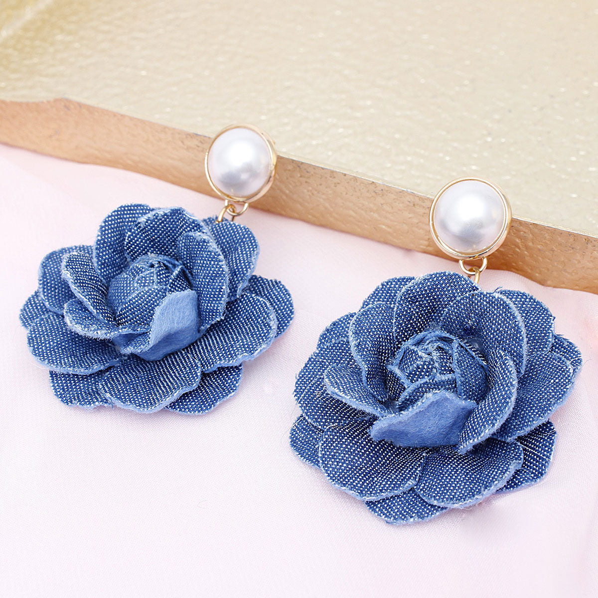 Drop Denim Dimensional Flower Pearl Earrings