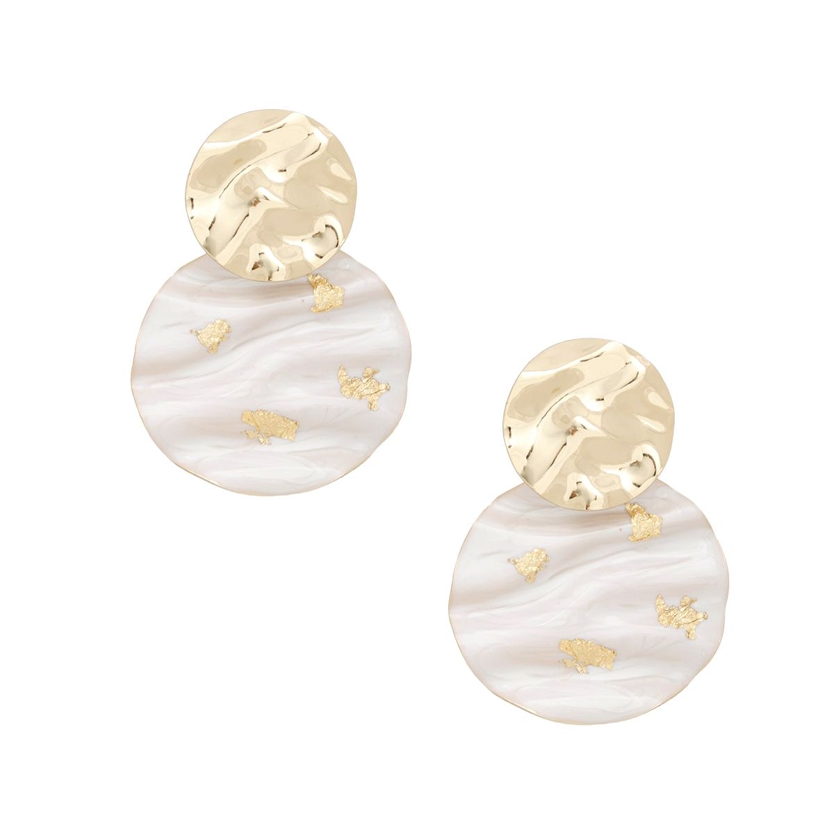 Drop Wavy Gold Cream Painted Disc Design Earrings