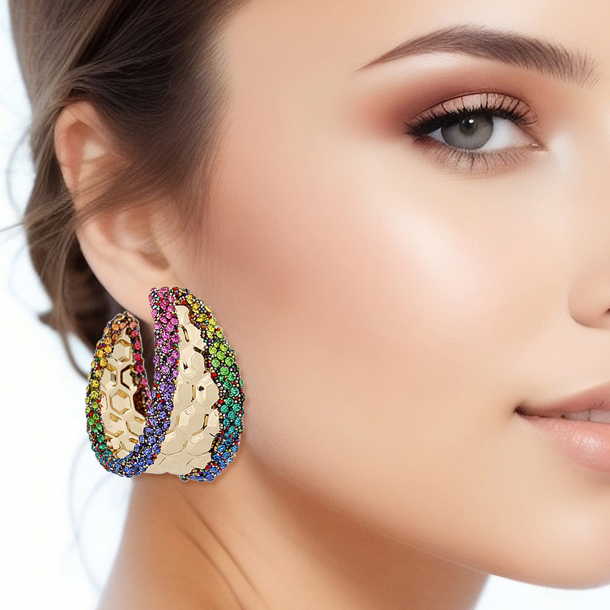Hoops Rainbow Stone Hexagon Earrings for Women