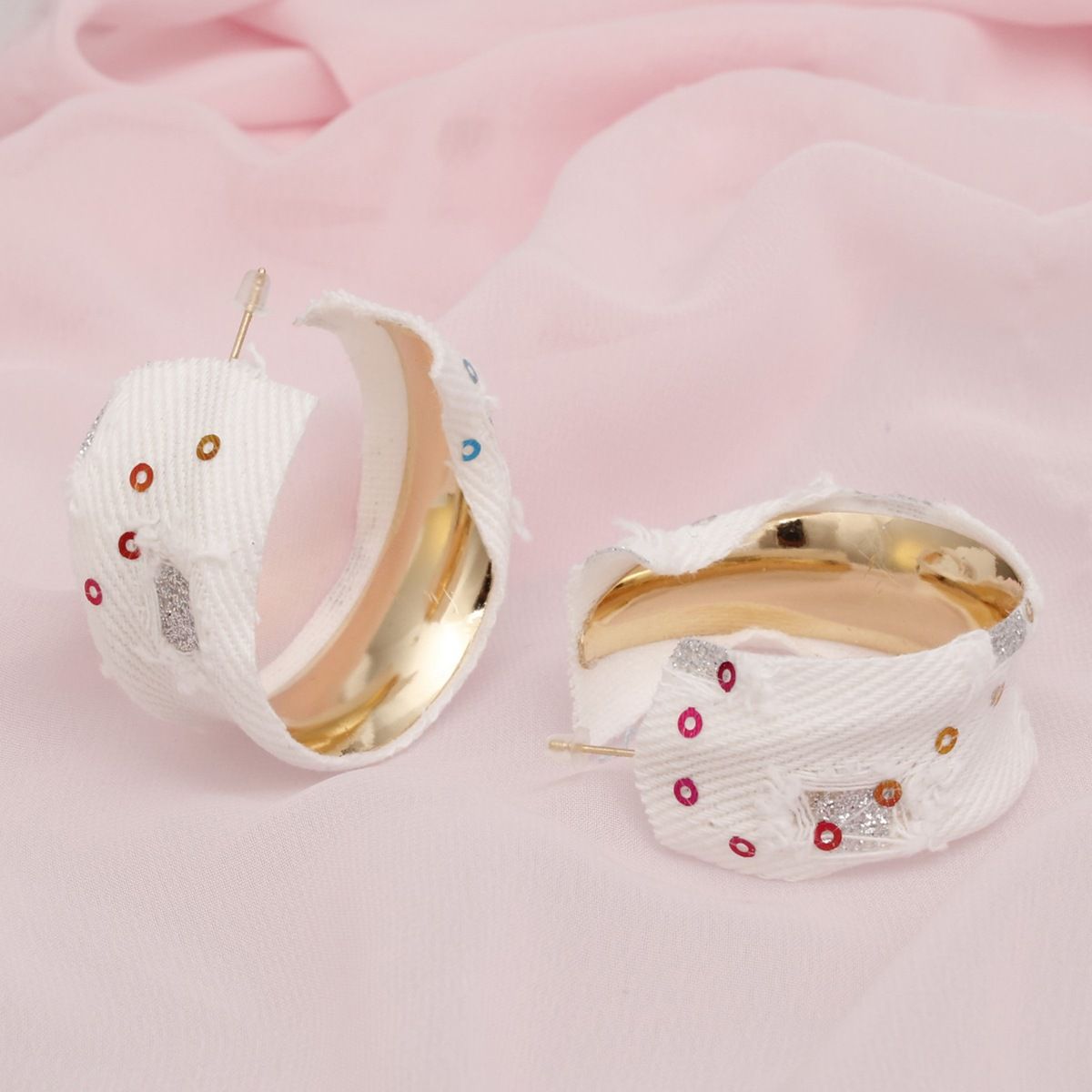 Hoops Distressed White Denim Earrings for Women