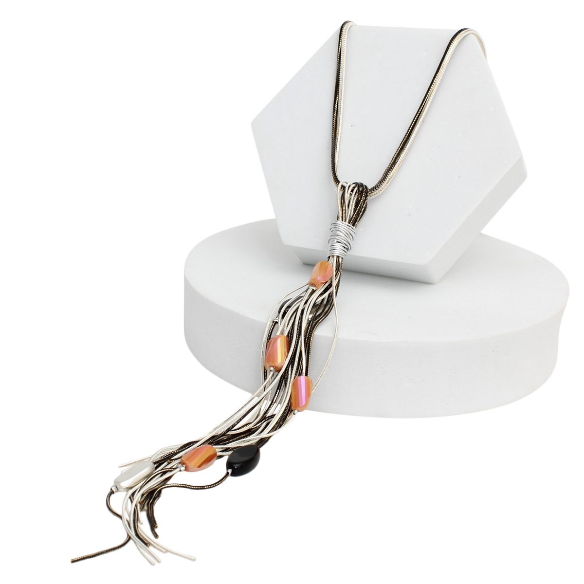 Tassel White and Black Snake Chain Bead Necklace