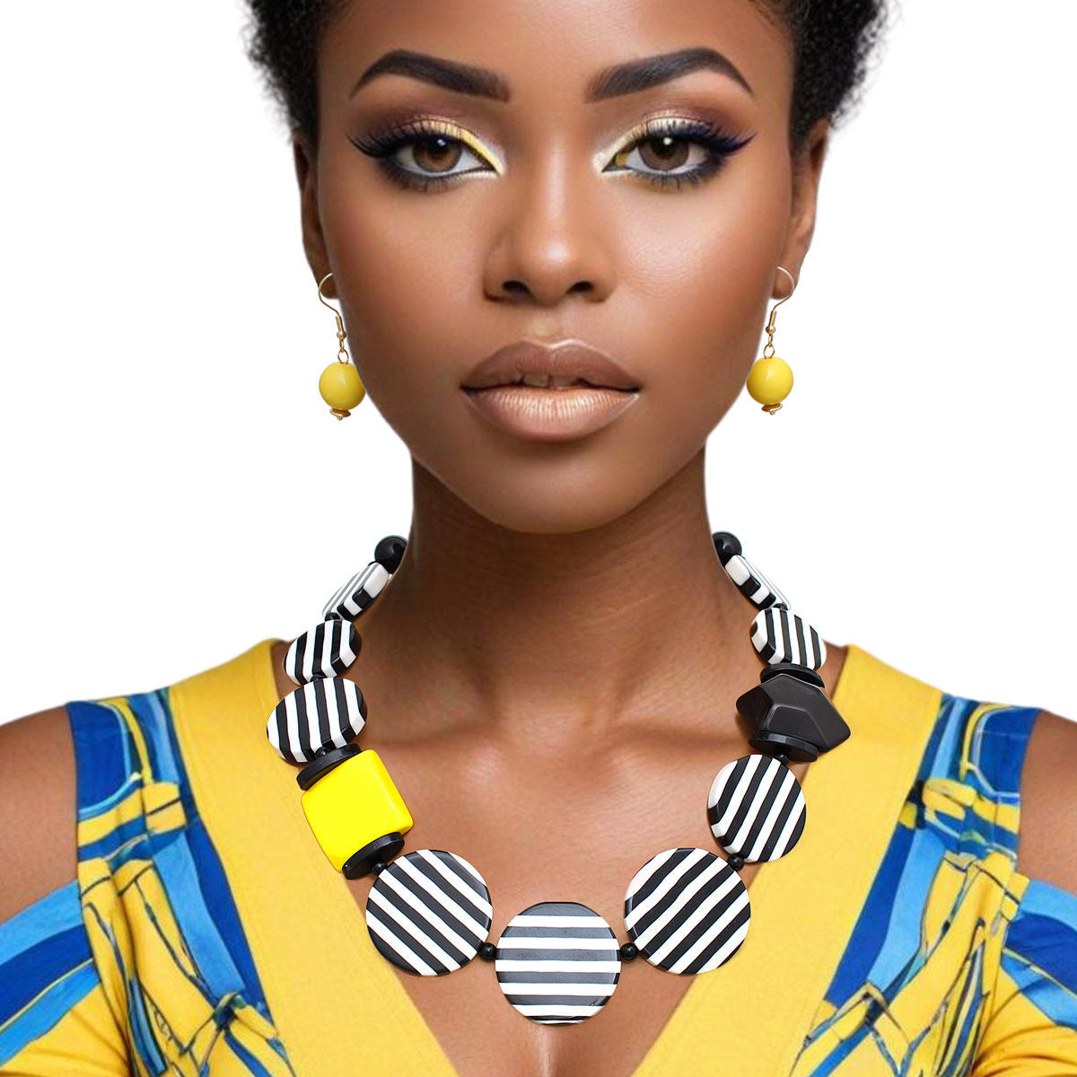 Necklace Retro Striped Black White and Yellow Set