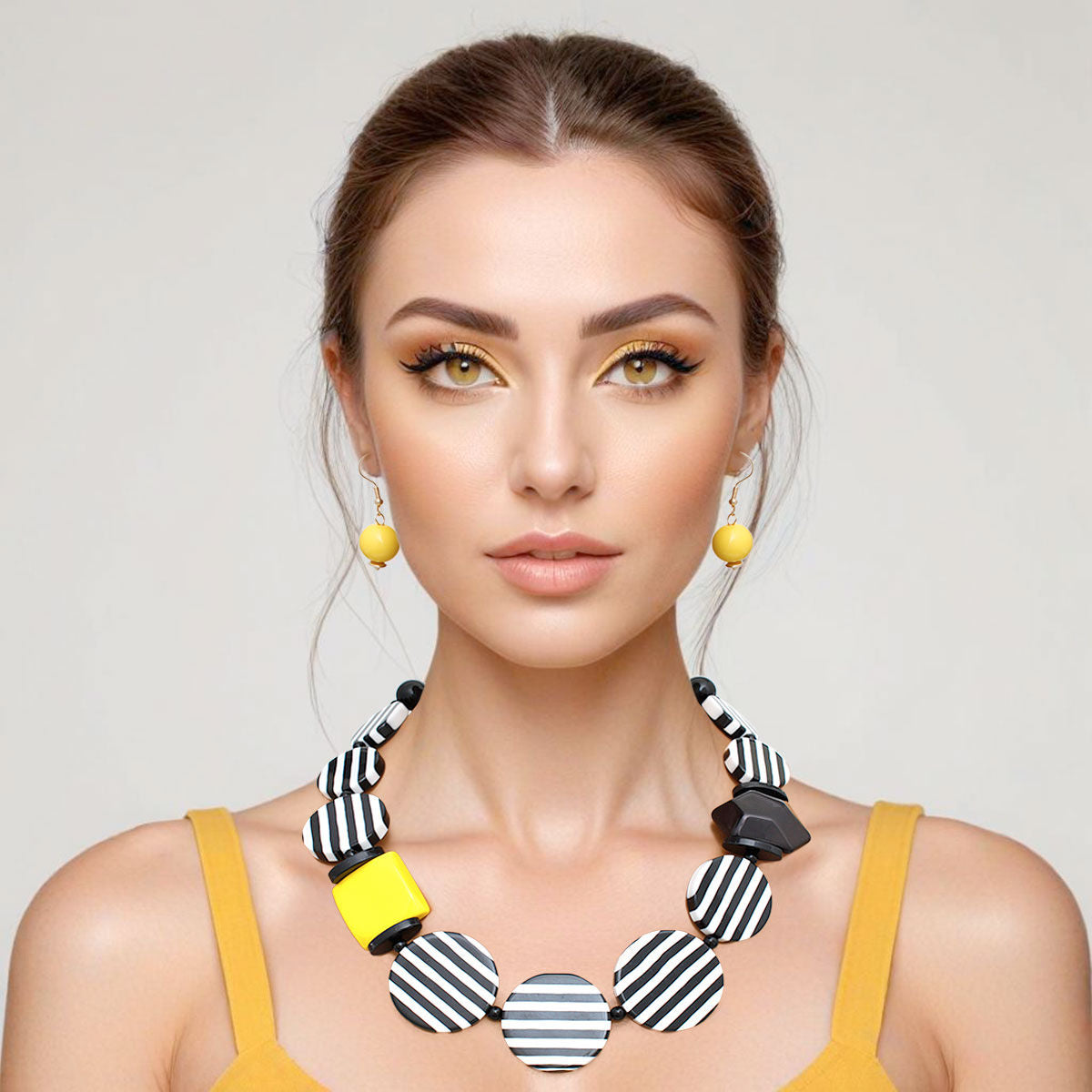 Necklace Retro Striped Black White and Yellow Set