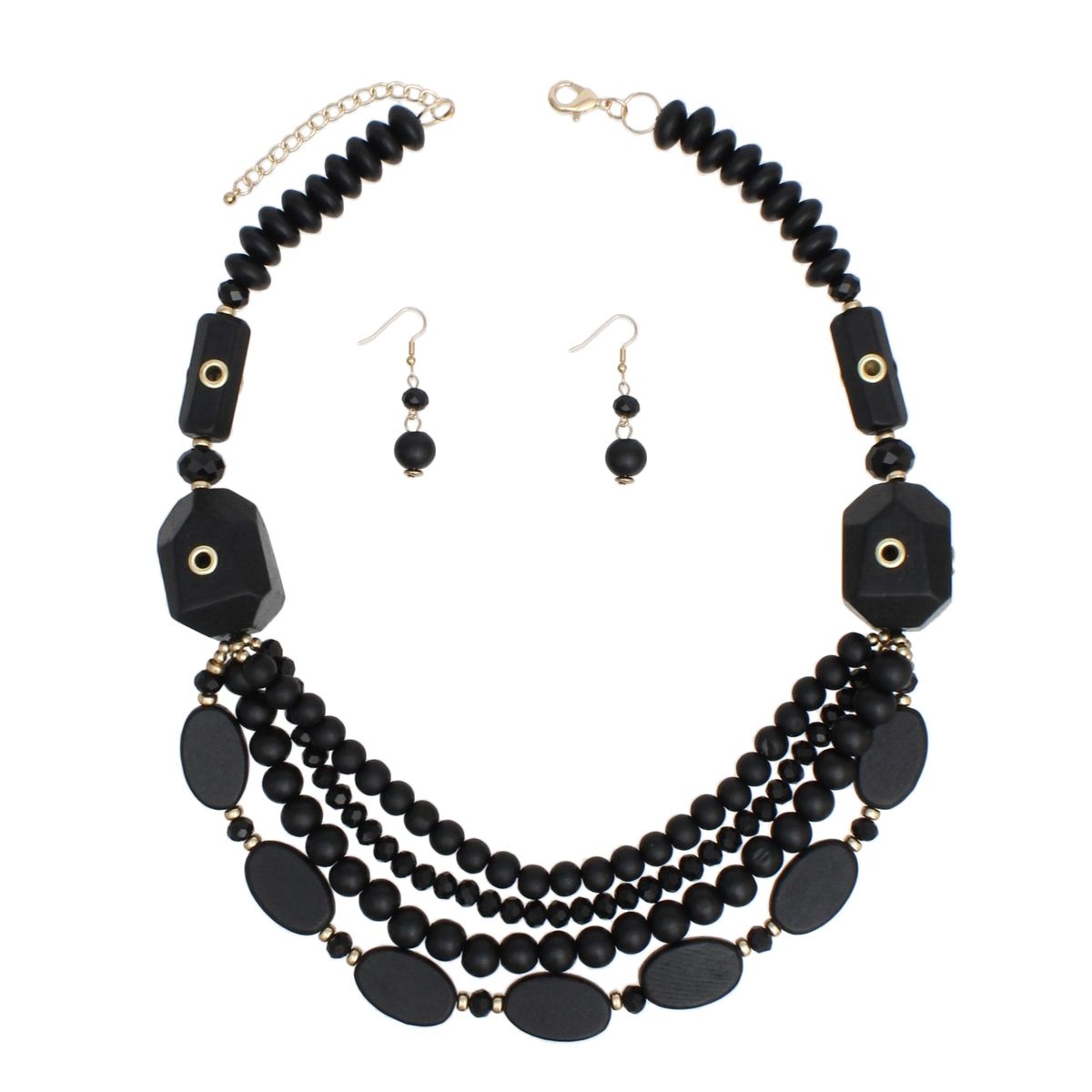 Beaded Eco-Chic Black Geo Wood Layered Necklace