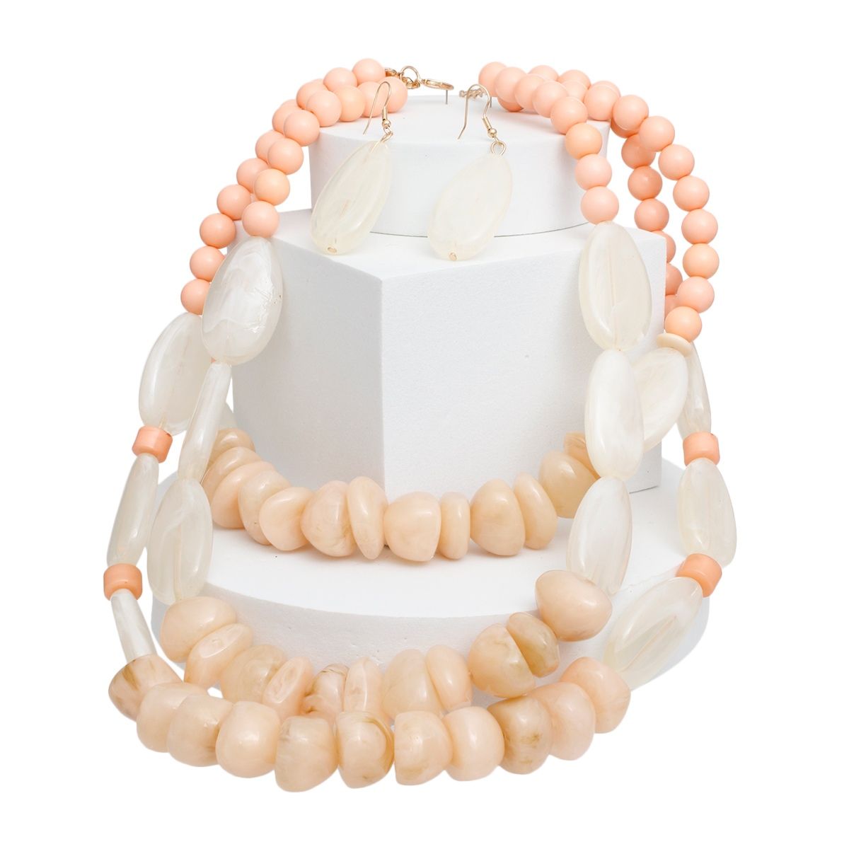 Beaded Peach Stone 3 Layer Tribal Necklace Set