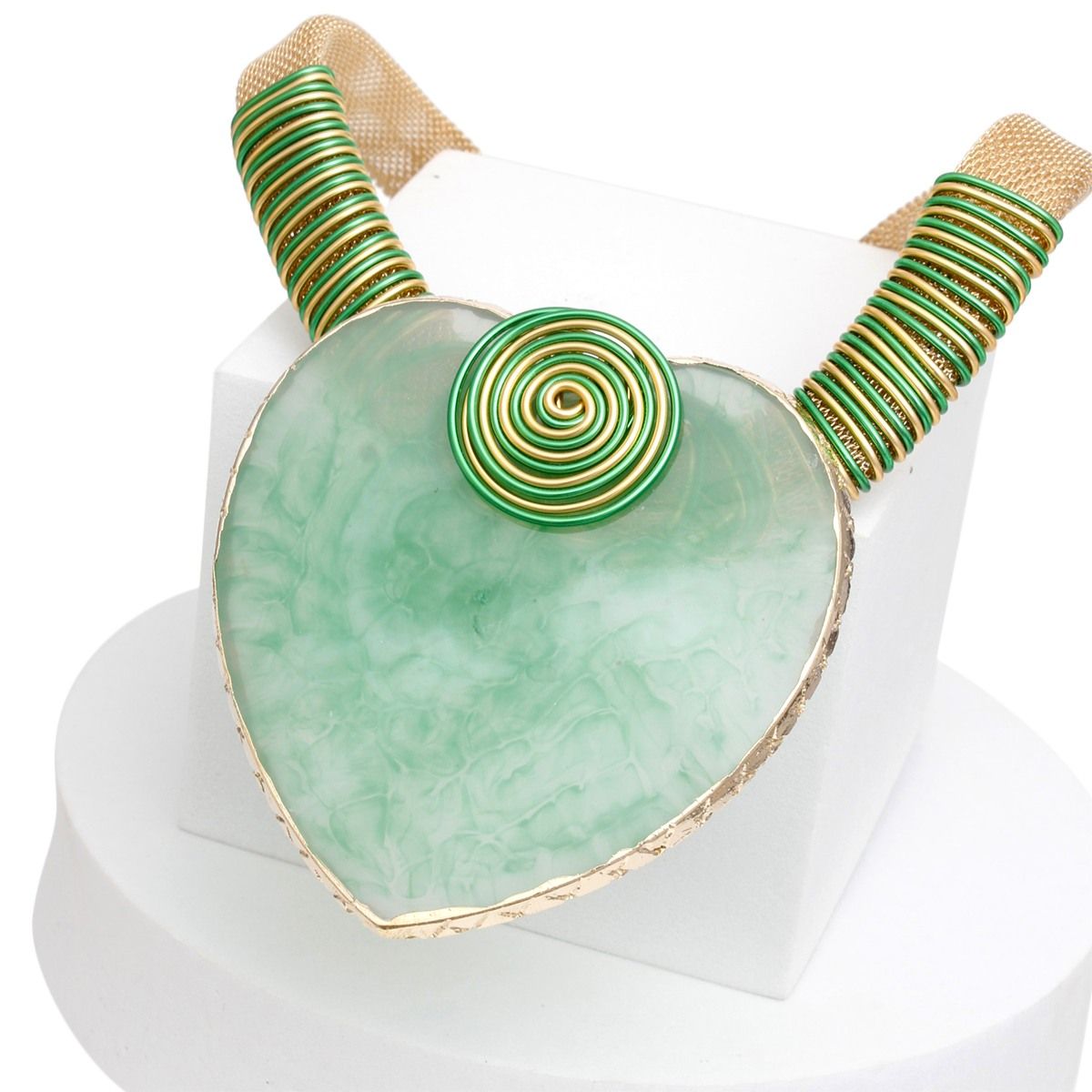 Collar Green Large Resin Agate Slice Pendant Set