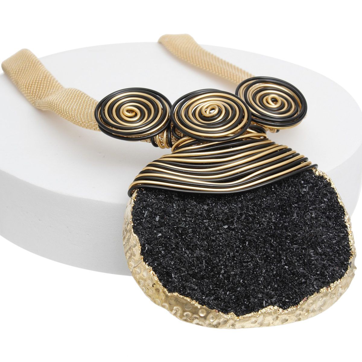 Pendant Black Druzy Stone Wire Tribal Necklace
