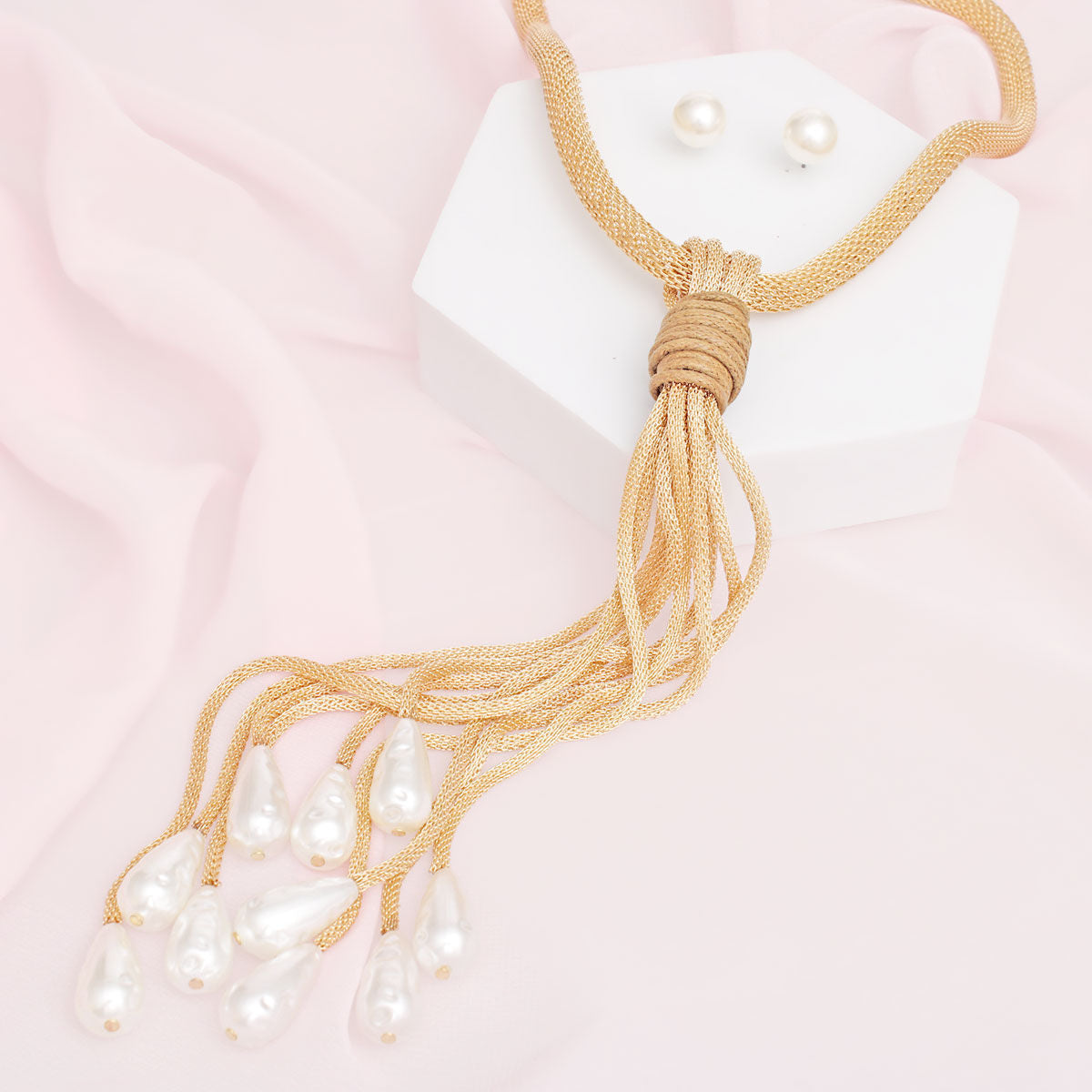 Tassel Necklace Gold Teardrop Pearl Leather Set