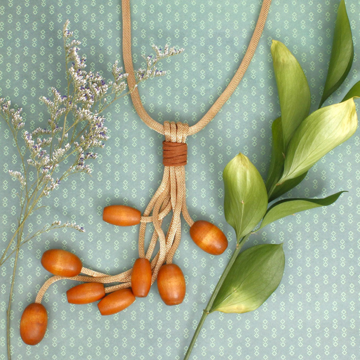 Tassel Gold Mesh Brown Wooden Bead Necklace