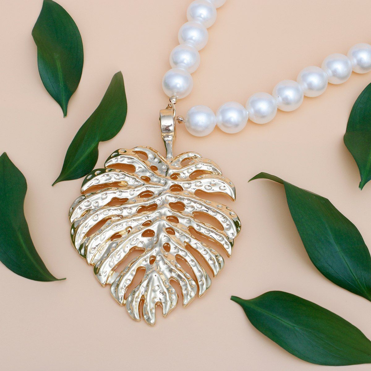 Cream Pearl Gold Palm Leaf Pendant Necklace