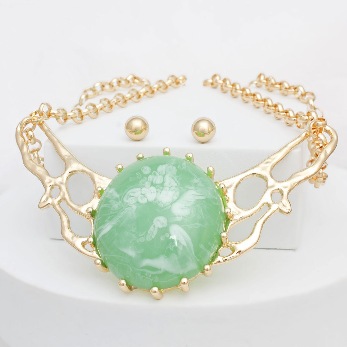 Collar Green Resin Dome Gold Chain Necklace Women