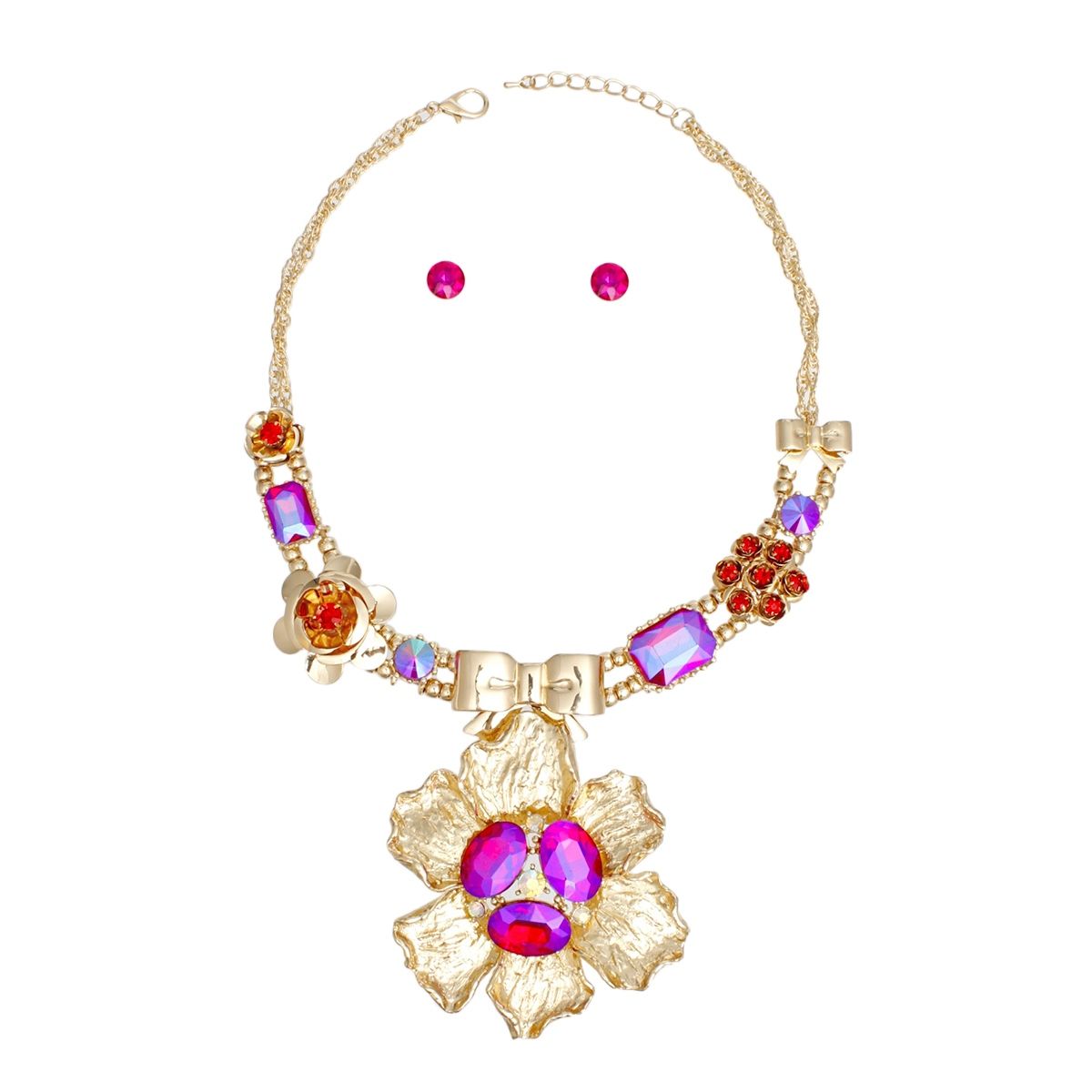 Pendant Gold Red and Purple Bow Flower Necklace