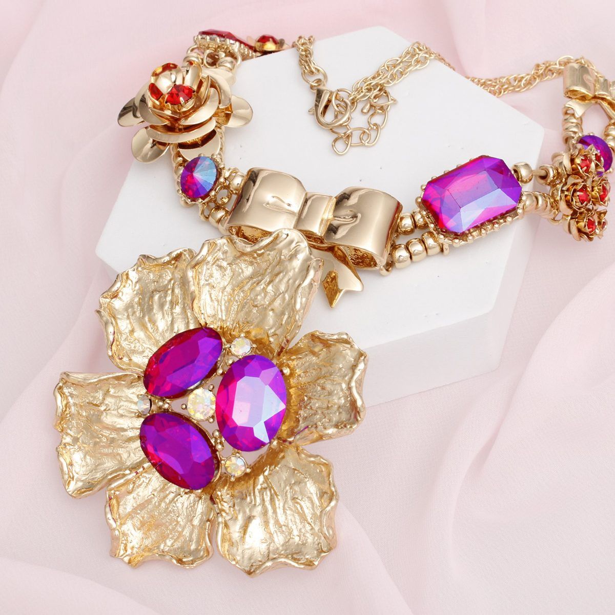 Pendant Gold Red and Purple Bow Flower Necklace