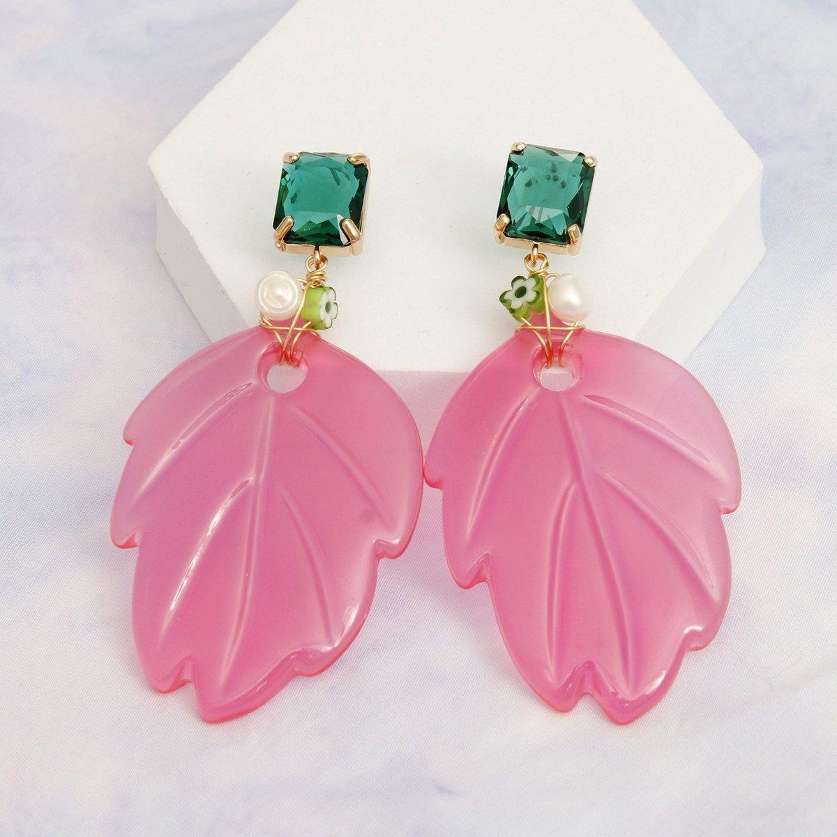 AKA Pink and Green Tropical Leaf Drop Earrings