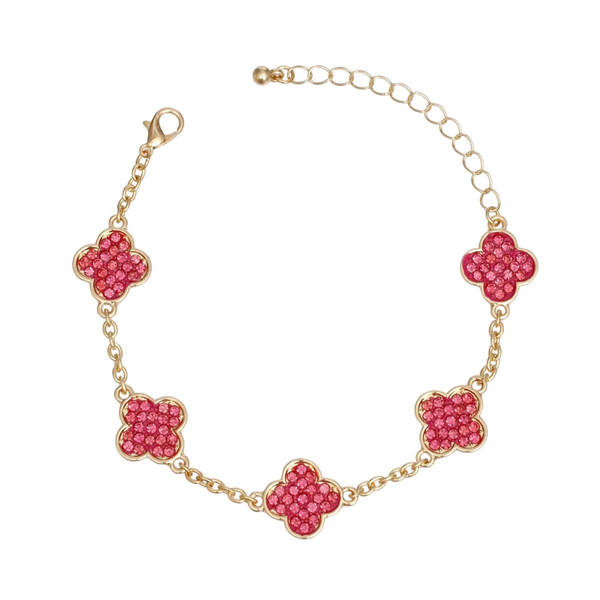 Chain Bracelet Pink Rhinestone Quatrefoil Clovers