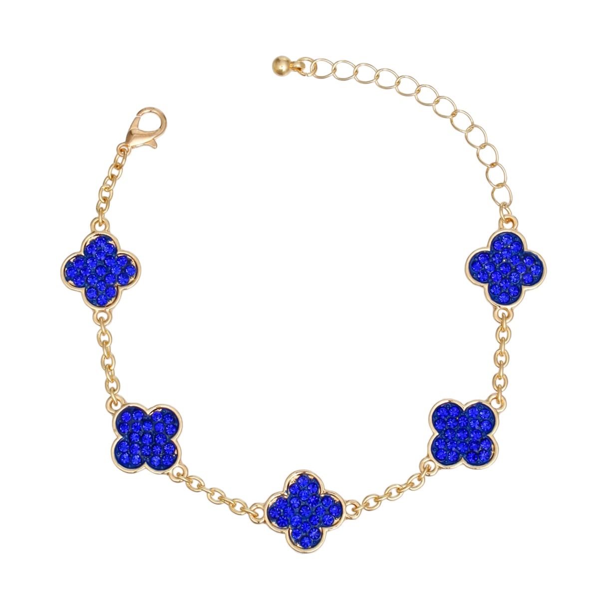 Chain Bracelet Blue Rhinestone Quatrefoil Clovers