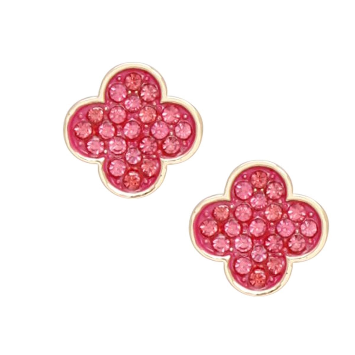 Studs Pink Rhinestone Quatrefoil Clover Earrings