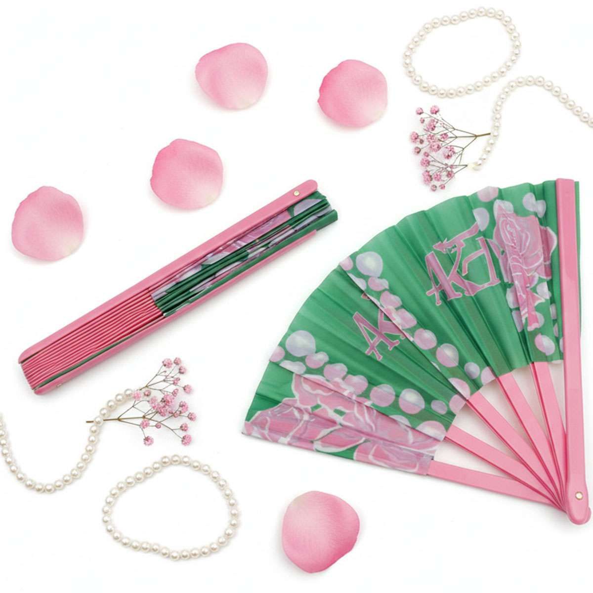 AKA Sorority Large Floral Pearl Print Fabric Fan