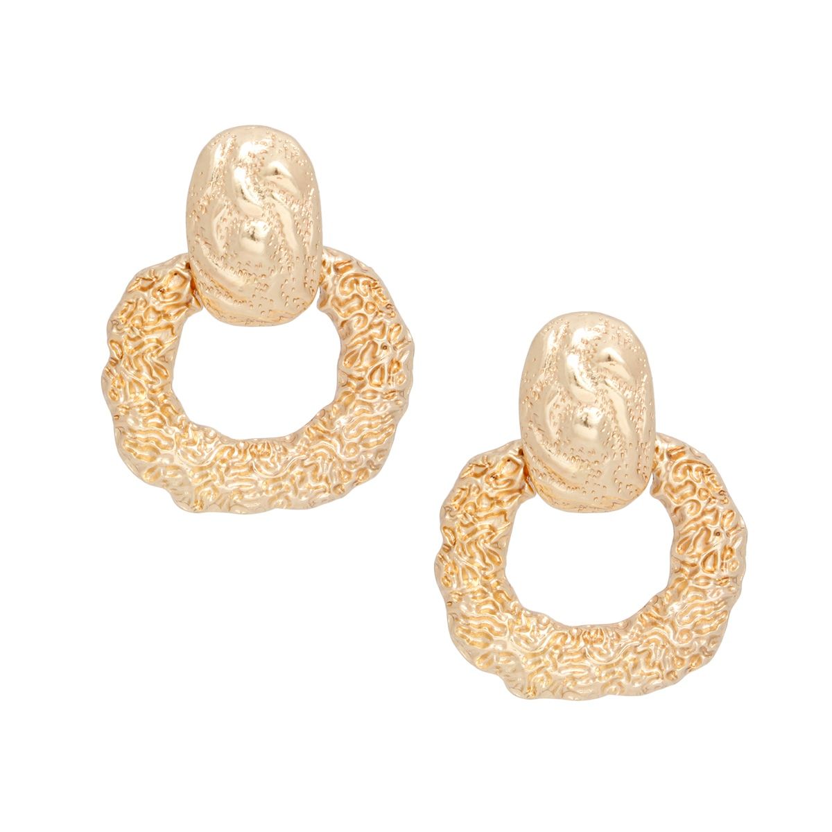 Drop Gold Textured Metal Door Knocker Earrings