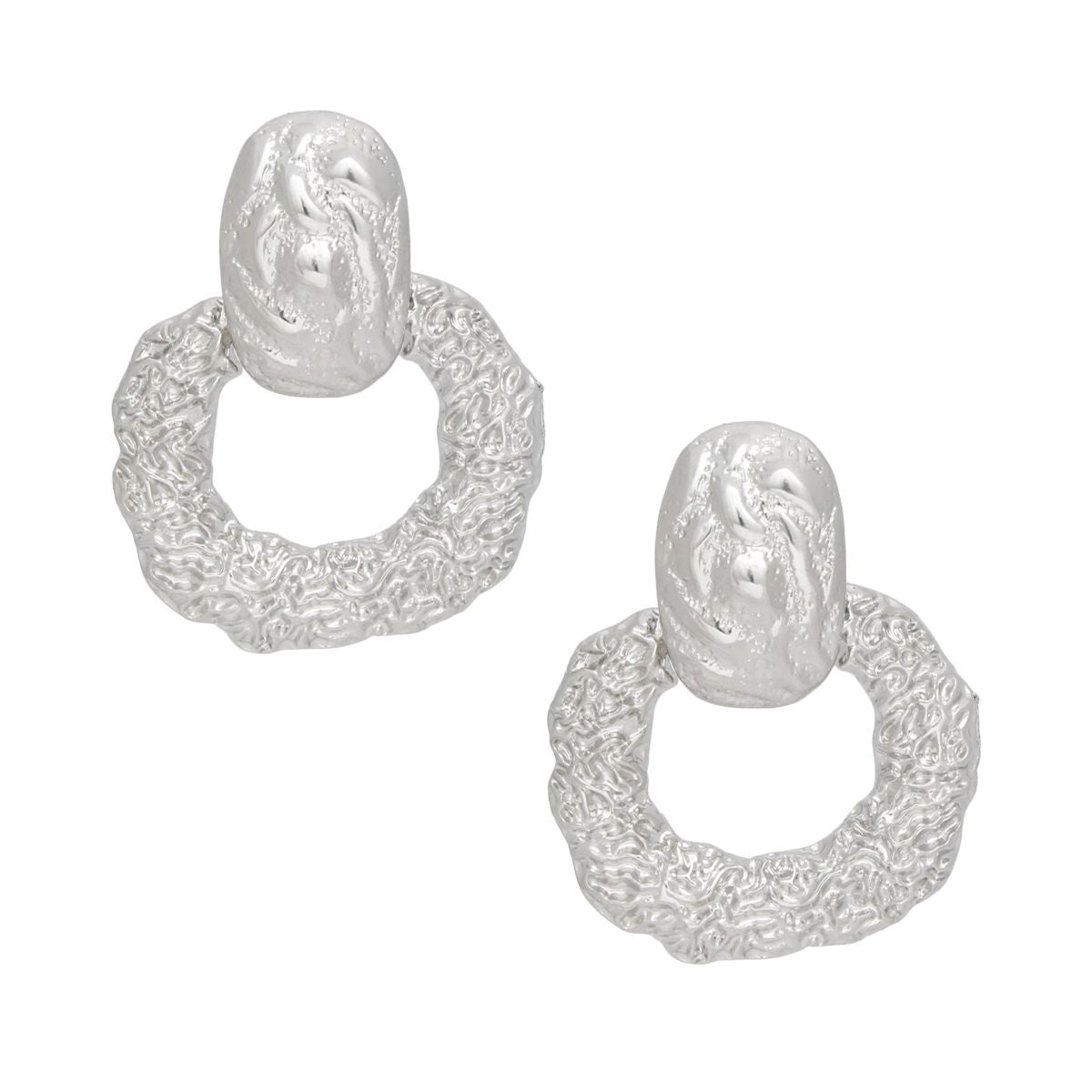 Drop Silver Textured Metal Door Knocker Earrings