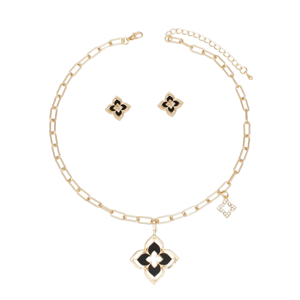 Pendant Gold Black Monogram Flower Necklace Set