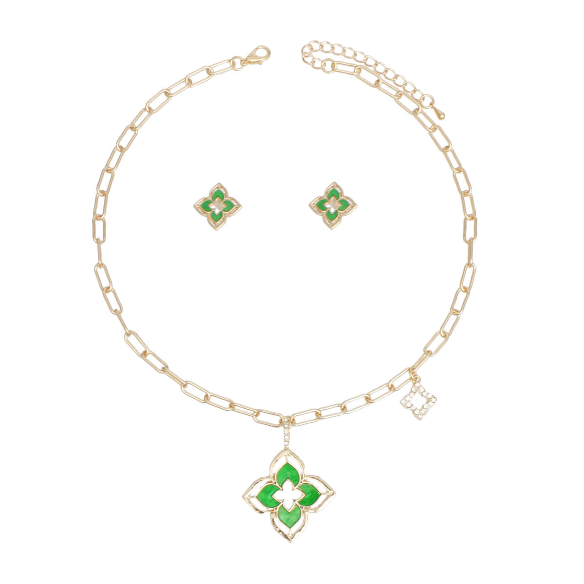 Pendant Gold Green Monogram Flower Necklace Set