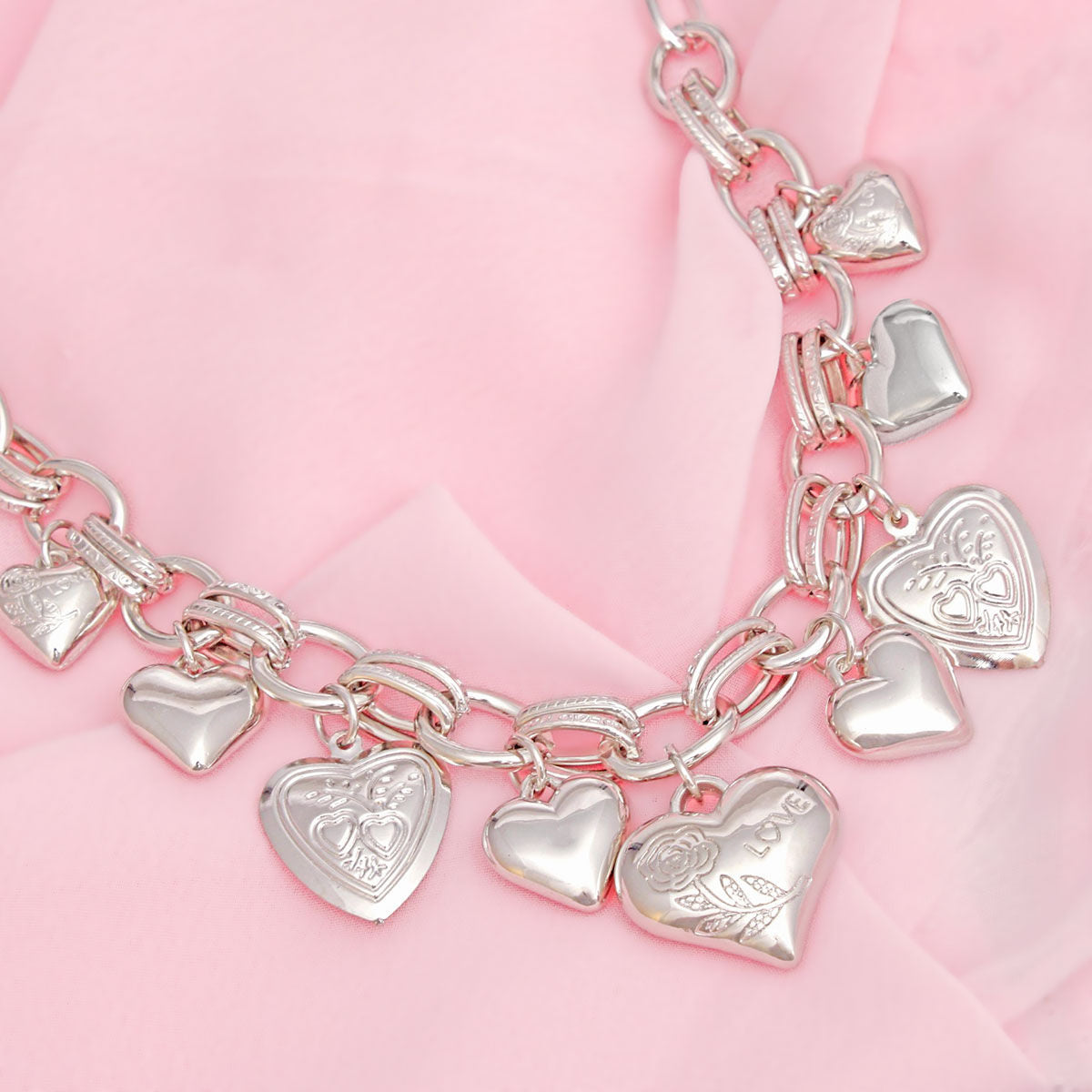 Charm Necklace Silver Puffy Heart Chain Set Women