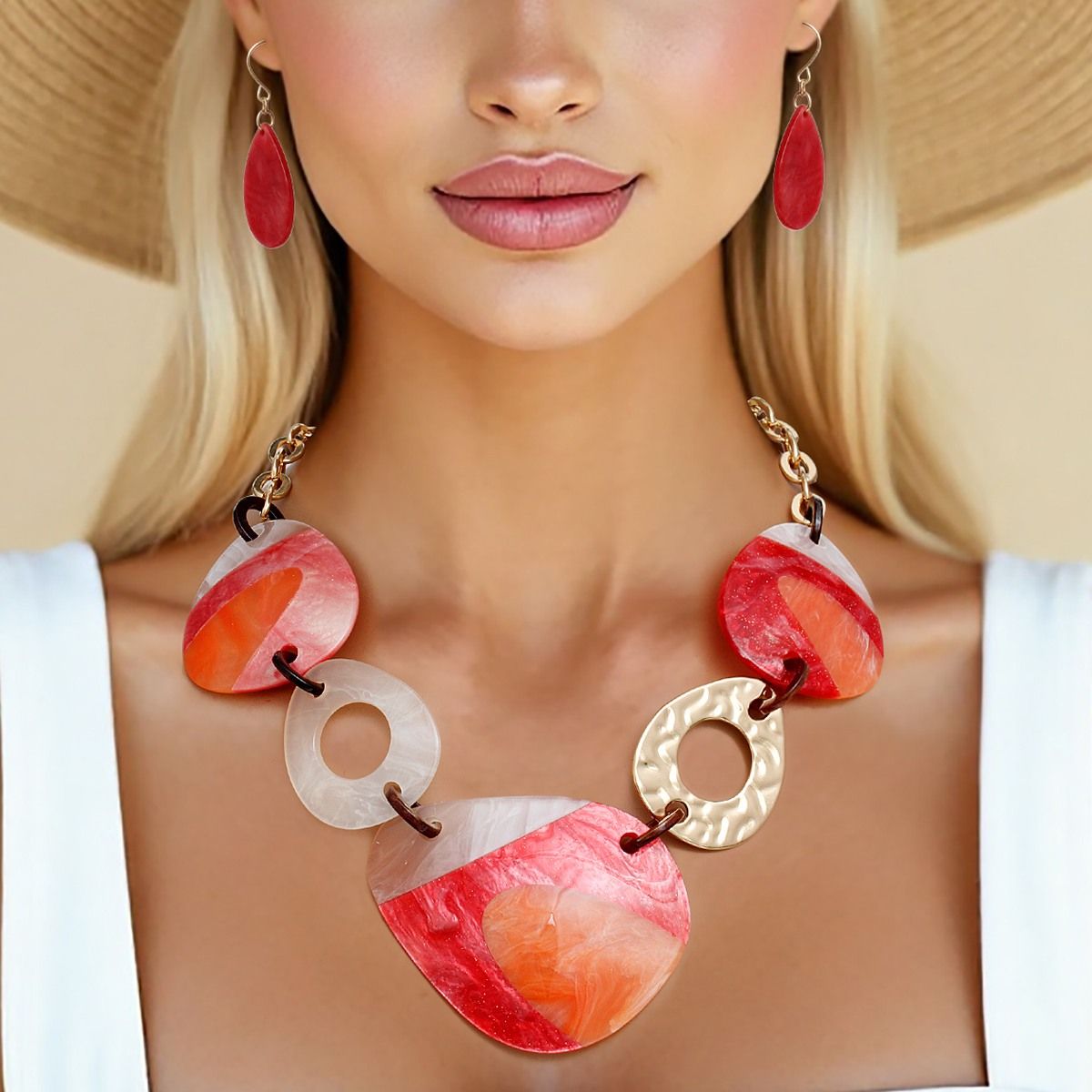 Necklace Red White Marbled Acrylic Link Collar Set