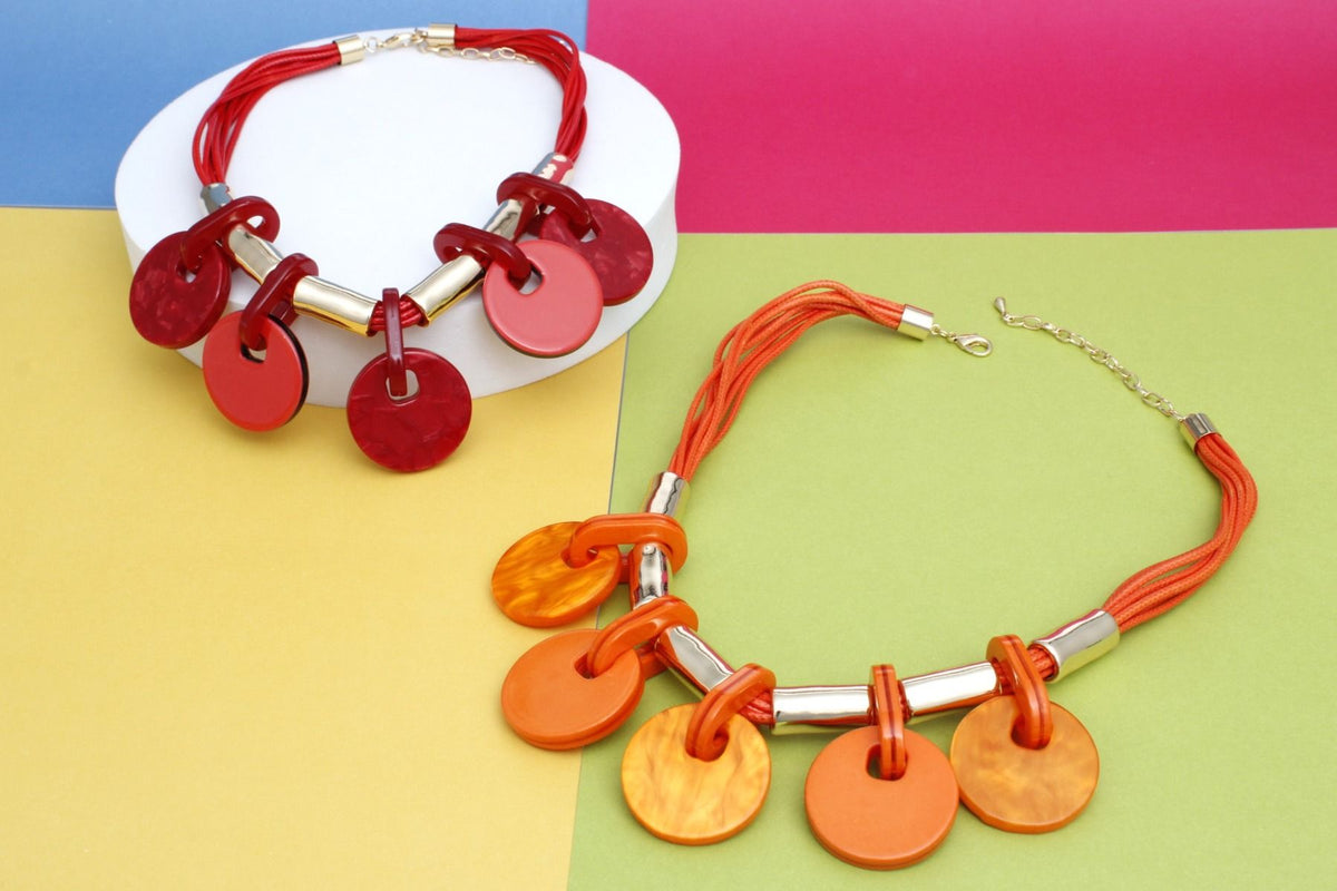 Collar Marbled Orange Disc Leather Cord Necklace