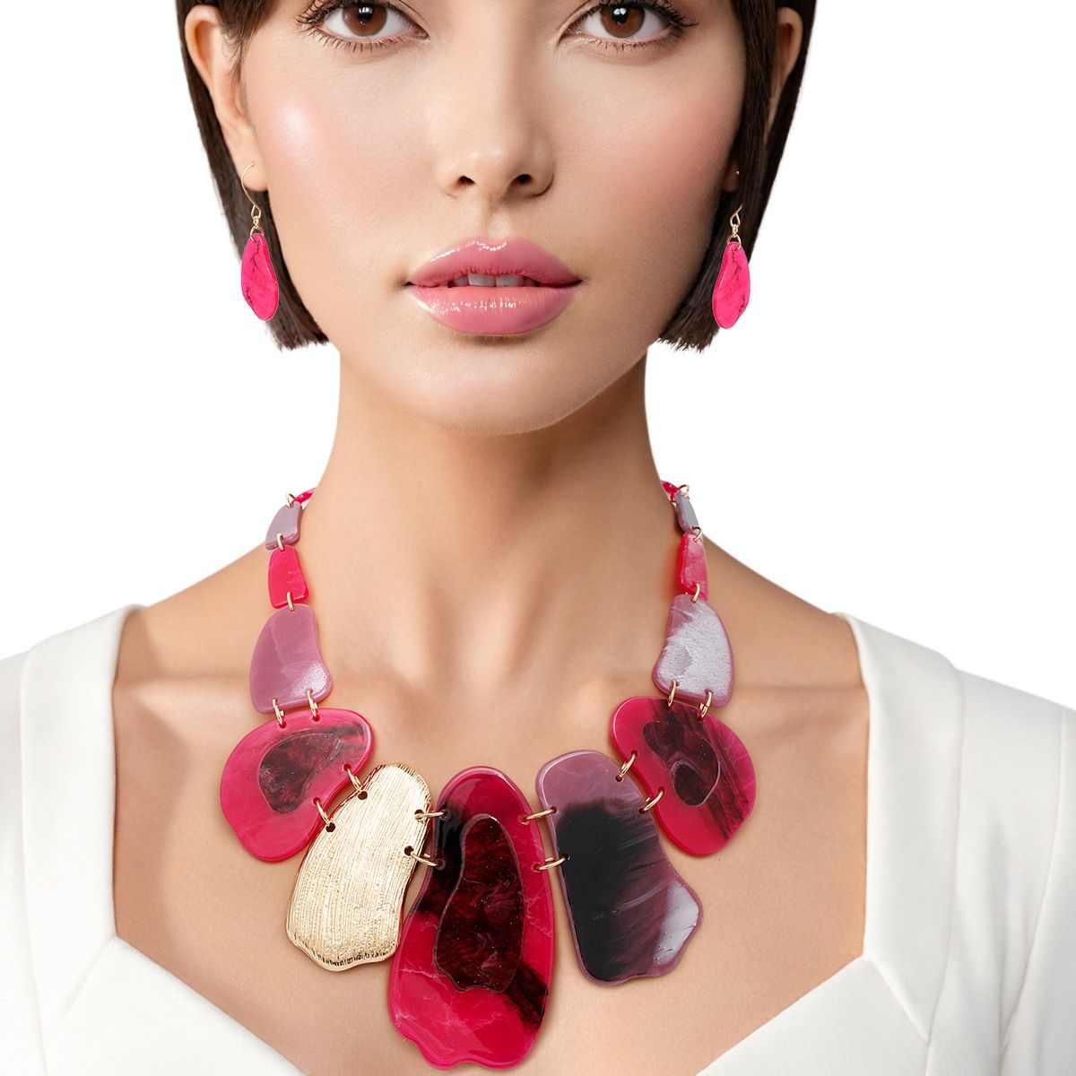 Bib Marbled Fuchsia Link Necklace for Women