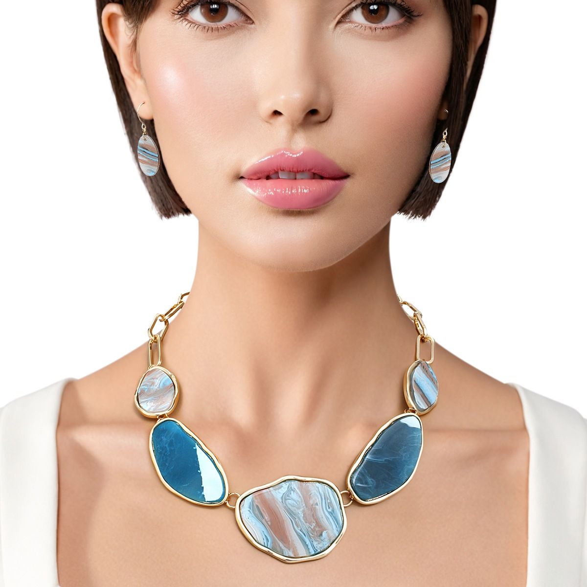 Collar Blue Agate Marbled Gold Necklace for Women