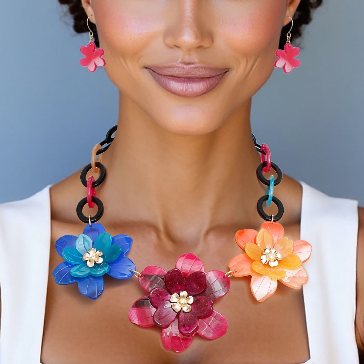 Collar Marbled Multicolor Links 3D Flower Necklace