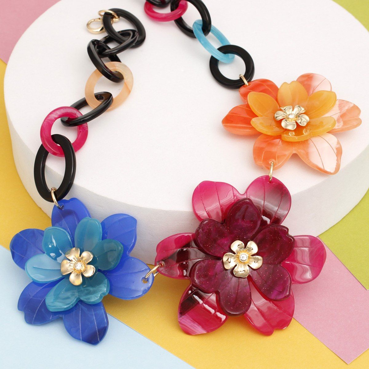 Collar Marbled Multicolor Links 3D Flower Necklace