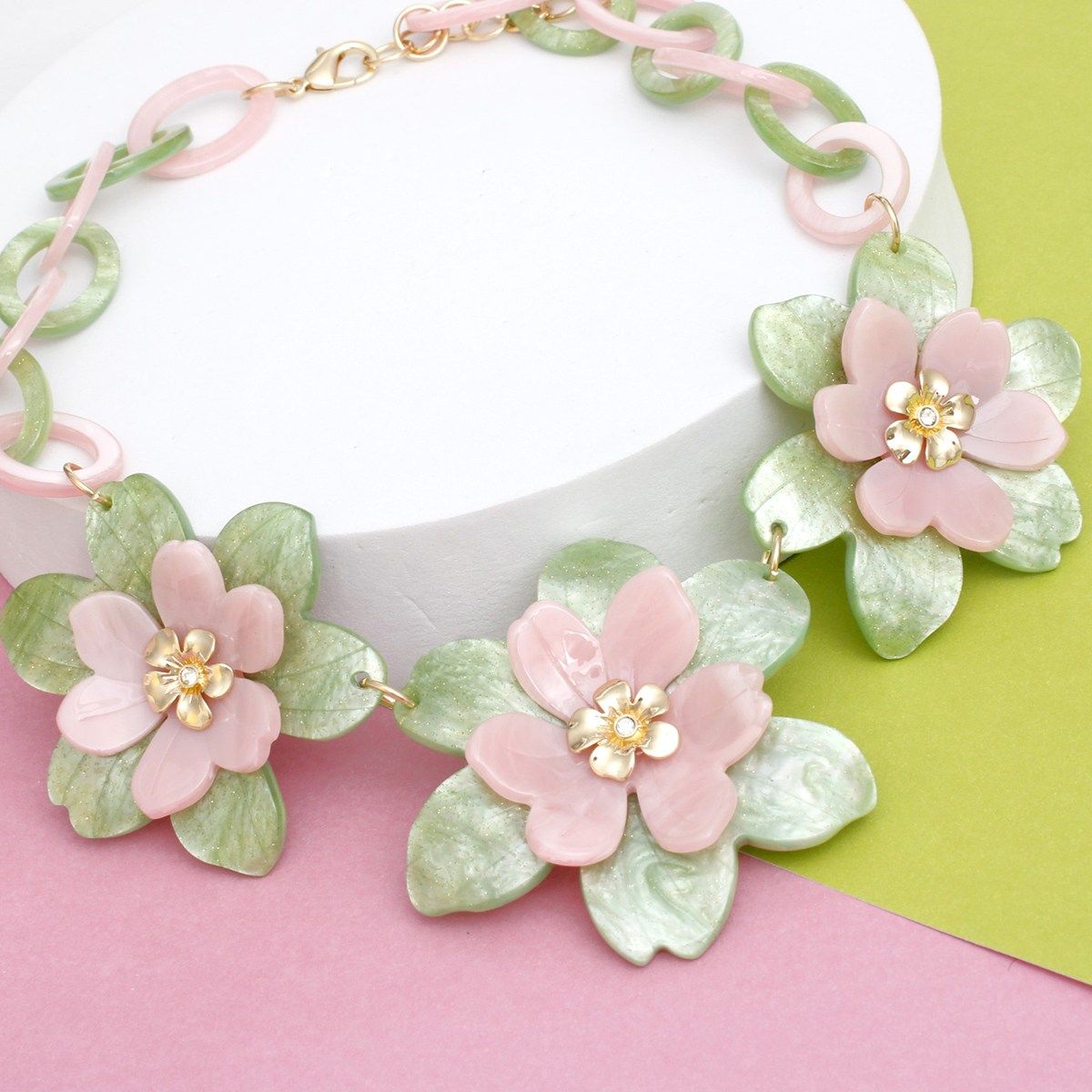 AKA Collar Marbled Pink Green Links 3D Flower Set