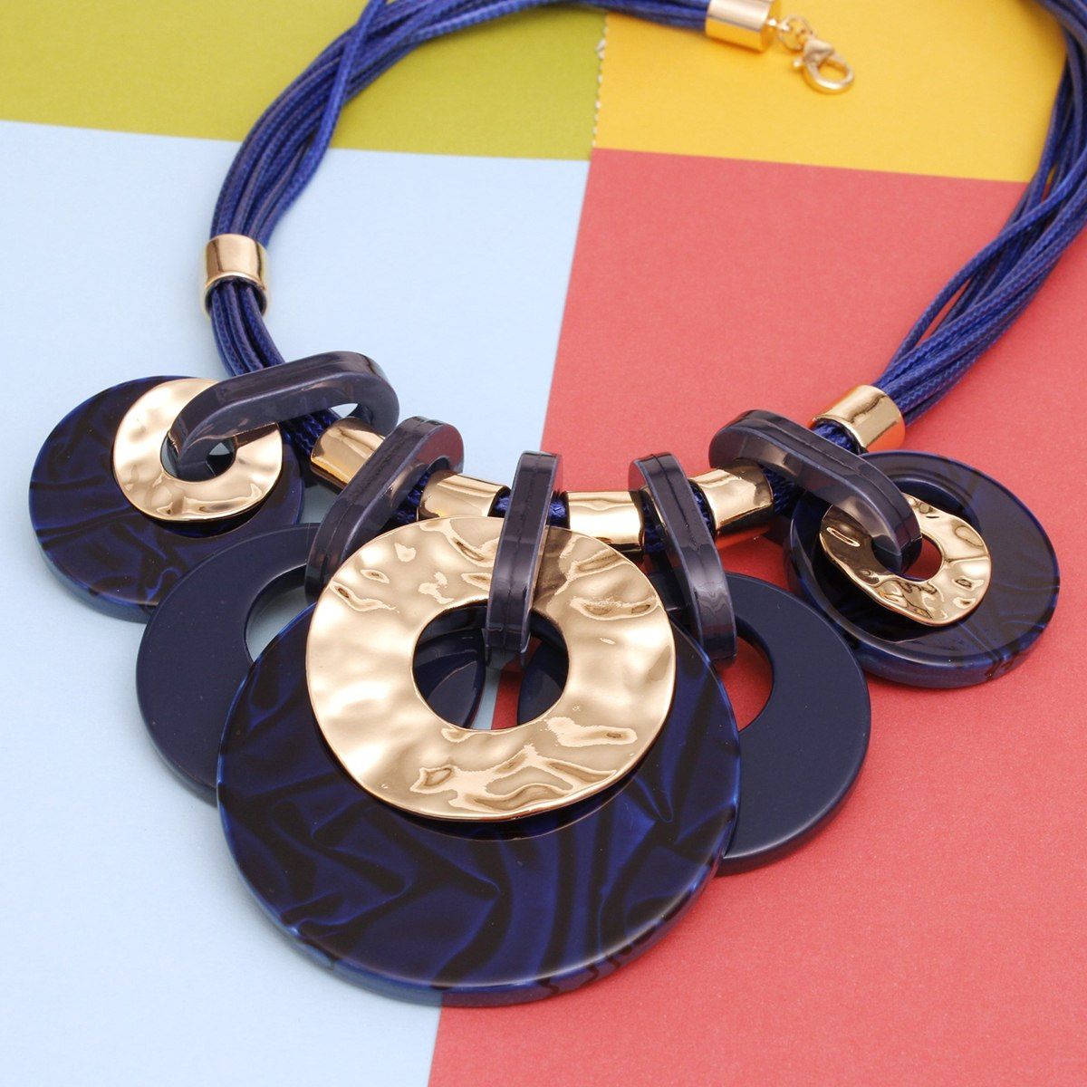 Collar Blue with Gold Cord and Disc Necklace Set