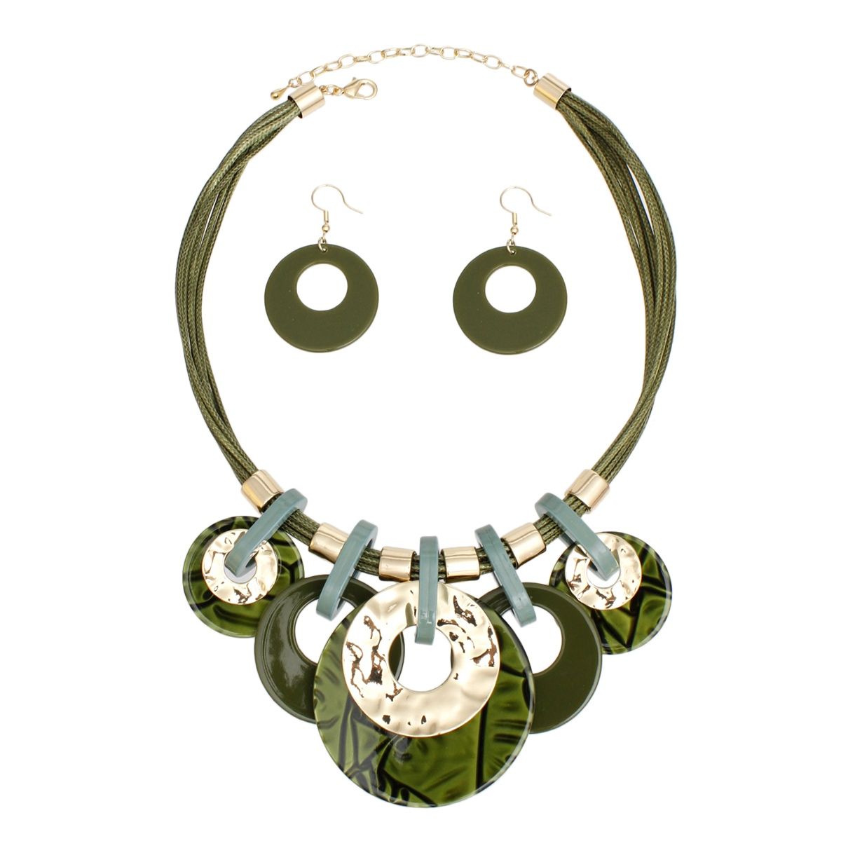 Collar Green with Gold Cord and Disc Necklace Set