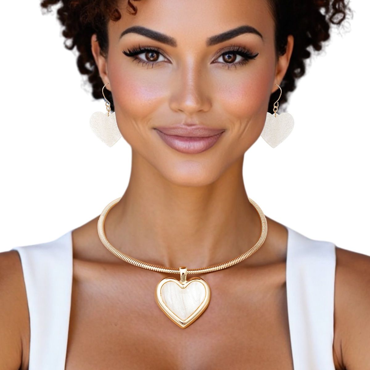 Pendant Gold Omega Chain White Heart Set for Women