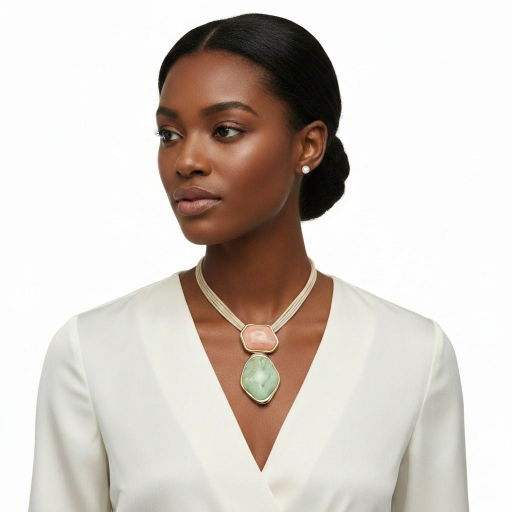 AKA Pink Green Dimensional Leather Necklace