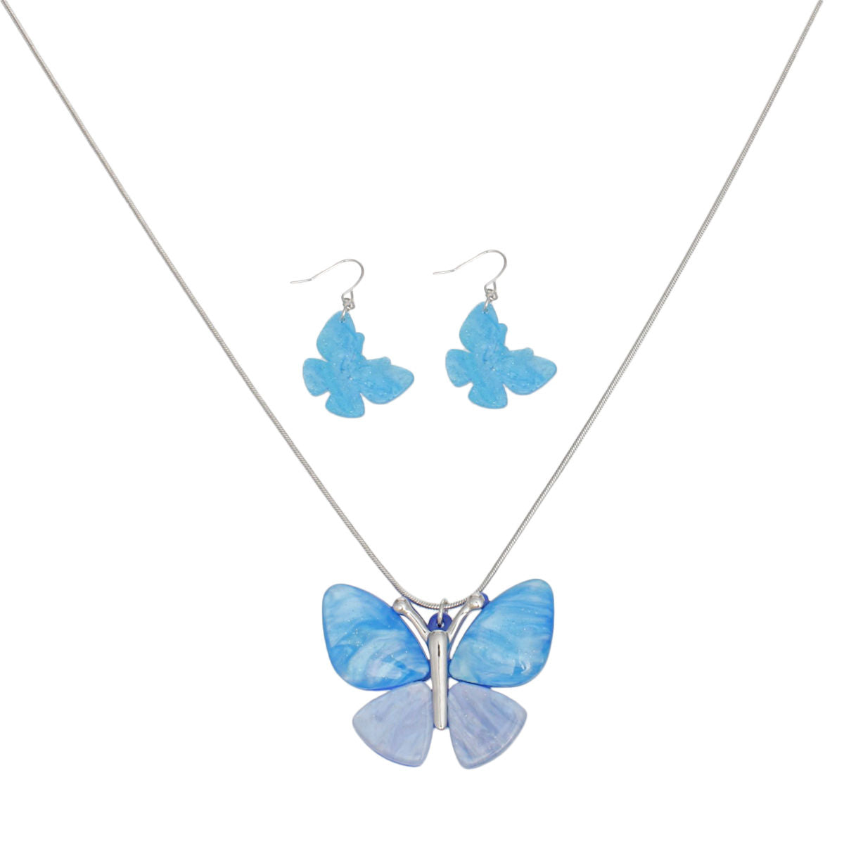 Pendant Blue Butterfly Long Silver Chain Necklace