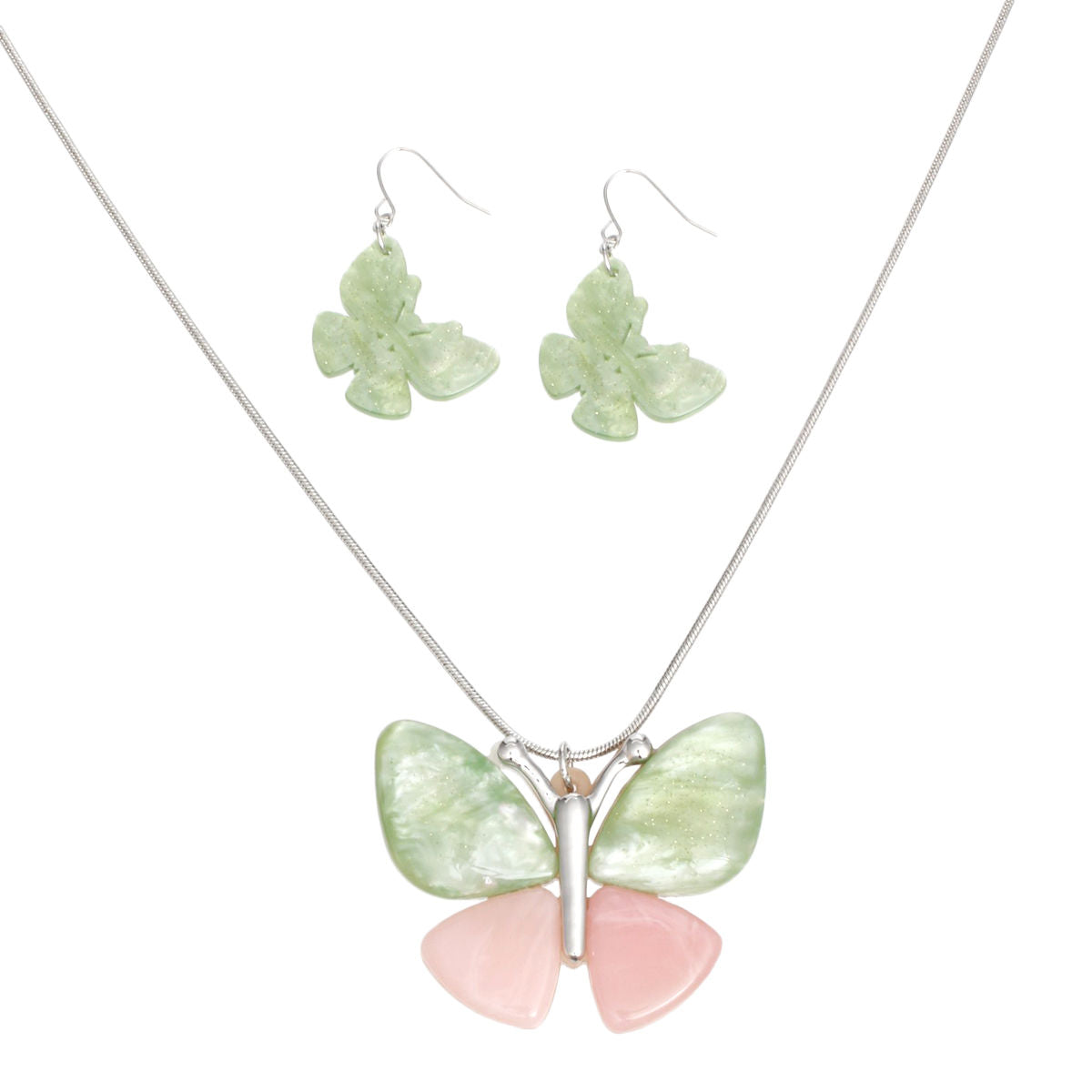 AKA Pendant Pink Green Butterfly Long Chain Set