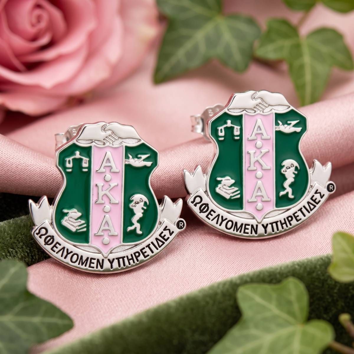 AKA Pink Green Crest Studs