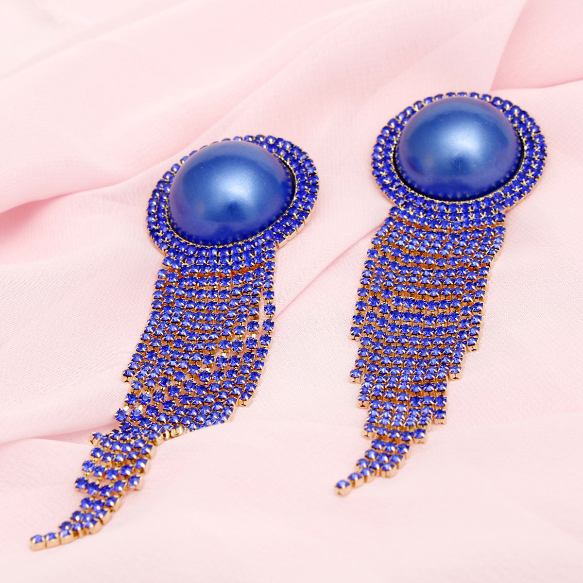 Clip On Royal Blue Pearl Dome Stone Fringe Earring